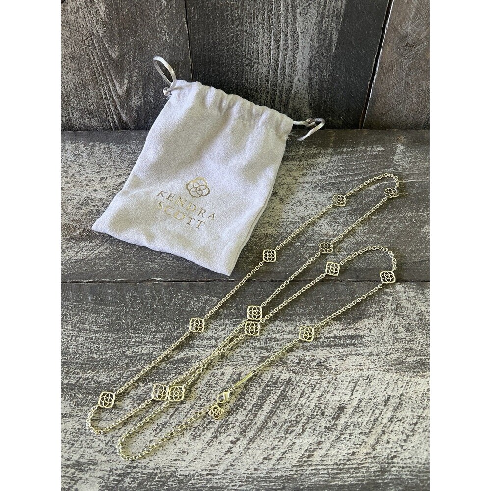 Kendra Scott Devalyn Long Station Necklace Logo Medallion Gold Tone (B)
